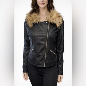 Love Star Black Pleather Fur Collar Zip Pockets Short Jacket Coat NWOT Size XL